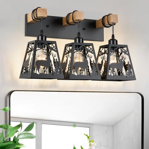 Image of Rustic Bathroom Light Fixtures, 3-Light Farmhouse Vanity Lamp with Deer Design and Wooden Frame, Wall Lighting for Bathroom, Hallway, Kitchen, Porch
