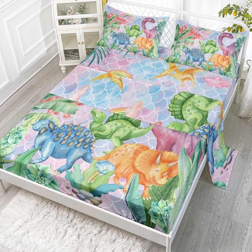 Smell Sunshine Rainbow Dinosaur Sheets Set 4Pcs for Kids,Cartoon Forest Animals Printed Sheet Set with 1 Flat Sheet and 1 Fitted Sheet + 2 Pillowcases(Dinosaur-2 Queen)