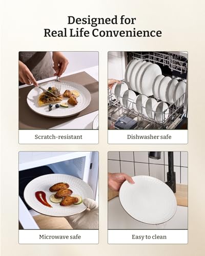 Image of Famiware Eden Embossed Plates and Bowls Sets, Stoneware Dinnerware with Gold Trim, 12-Piece Luxury Dishes for 4, Everyday & Formal Use, Chip /Scratch Resistant, Microwave /Dishwasher Safe, White Circle