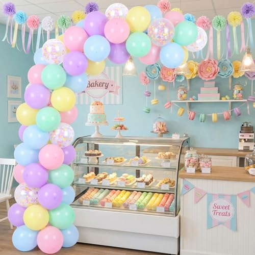 Image of RUBFAC Pastel Balloons Easter Party Balloon, 65pcs 12 Inch Light Rainbow Colorful Latex Confetti Balloons for Easter Birthday Baby Shower Bridal Wedding Party Decoration