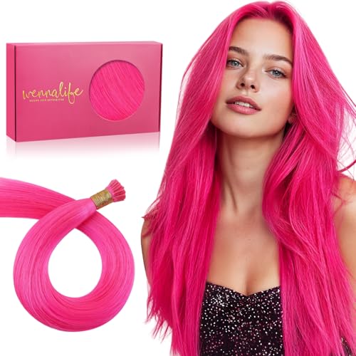 Image of WENNALIFE I Tip Hair Extensions Human Hair, 25g 25s 14 inch Hot Pink Remy Itip Human Hair Extensions Invisible Itips Straight I Tips Fusion Extensions Real Human Hair