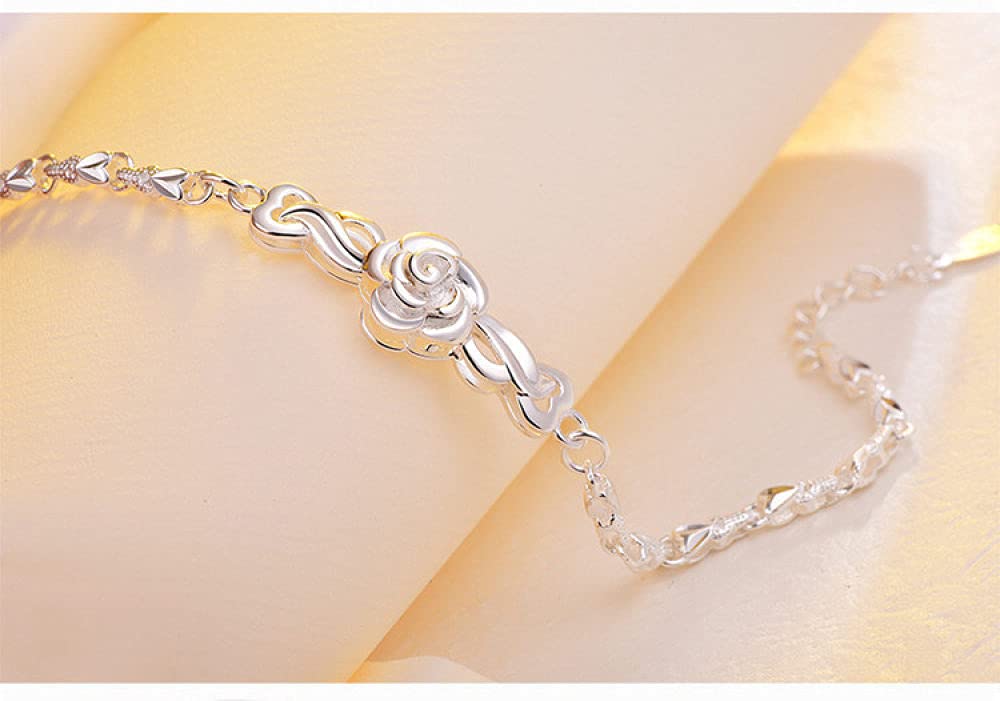 Braccialetti a Catena con Polsino in Argento Sterling Moda, Bracciale in Argento Sterling 925 da Donna Bracciale con Fiore Rosa Squisito di Moda Regali di Gioielli in Argento Sterling