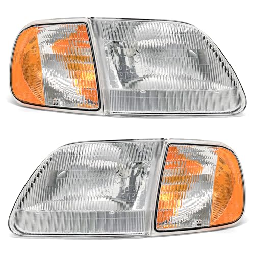 ADCARLIGHTS Headlight Compatible with Ford F-150 1997-2003/Ford F-150 Heritage 2004 Chrome Housing Amber Reflector Replacement Pair (Chrome Housing Amber Reflector Clear Lens)W/O Bulbs