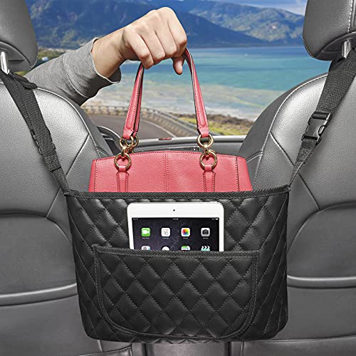 Car Handbag Holder Between Seats, Diggtek Car Net Pocket Handbag Holder for Purse Storage, Car Organziers and Storage Front Seat, Leather Between Seat Car Organizer, Handbag Holder for Car(Black)