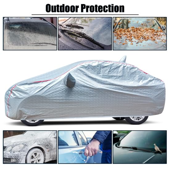 Image of Waterproof Car Body Cover Compatible with Kia Sonet Mirror and Antenna Pocket, All Weather Protection Cover (Silver Color with Red Piping Style)