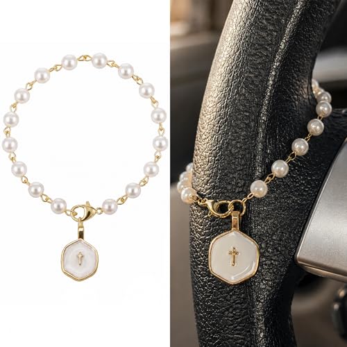 ZCAIGOO HOME Steering Wheel Charm Cross, Pearl Steering Wheel Car Rosary