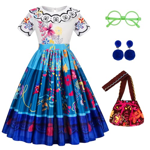 Foierp Disfraz Mirabel Encanto Niña - Disfraz de Isabella Dibujos Animados con Bolsa de Mensajero, Vestido Princesa Niña para Halloween Cosplay Carnaval Fiesta Festival