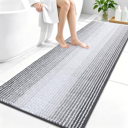 Image of OLANLY Bathroom Runner Rugs 59x24, Extra Soft Absorbent Chenille Striped Bath Rugs, Rubber Backing, Machine Wash Dry, Long Bath Mats for Bathroom, Tub, Shower, Home Decor Accessories, Grey