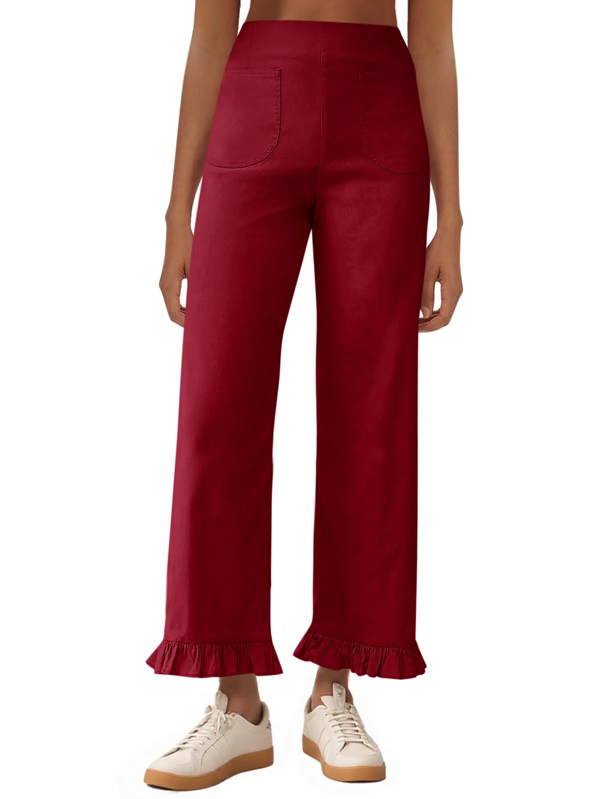Cicy Bell Womens Wide Leg Capris Pants Casual High Waisted Ruffle Hem Zipper Loose Fit Trousers with Pockets