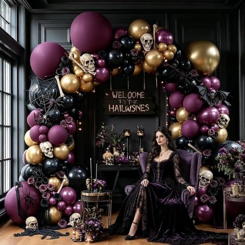 Image of Dark Purple Black Balloons Halloween Balloon Arch Double Stuffed Balloons