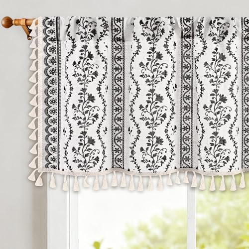Image of Yinhua Boho Valance Curtains Vintage Linen Kitchen Valances for Windows Light Filtering Bohemian Floral Valance Rod Pocket Tassel Window Valances for Bathroom Cafe, 52 inch W X 18 inch L, White Black
