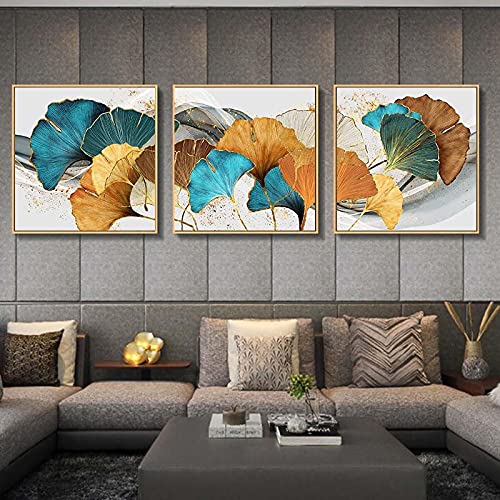 Tableau feuille de ginkgo doré abstrait pour salon moderne décoration murale triptyque chic