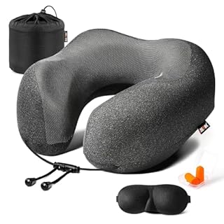 MLVOC Neck Pillow for Traveling, Upgraded 100% Pure Memory Foam Travel Neck Pillow for Airplane Flight Sleep, Breathable & Machine Washable Cover, Travel Kit with 3D Eye Mask, Earplugs & Bag, Black