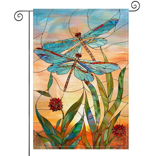 BlissYard Dragonfly Stained Glass Style Spring Flag 12x18" Burlap