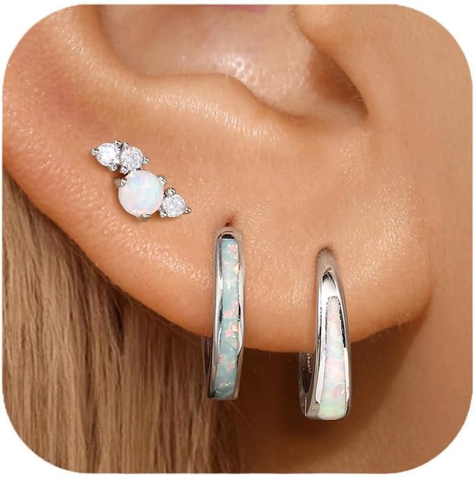 Opal Earrings Set for Women, Birthday Gift for Her, Sterling Silver | 14K Gold Plated, Hypoallergenic S925 Opal Hoop Stud Earrings for Women with Sensitive Ears, Dainty earring Stacks—Trendy Opals Jewelry 2026