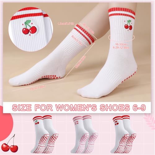 Image of Jspupifip 3 Pairs Cute Pilates Socks with Grips for Women Non Slip Yoga Grippy Socks Embroidery Cherry Athletic Crew Sock for Barre Ballet Barefoot Workout Hospital