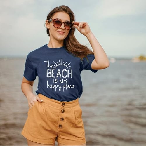 Beach Shirt Women The Beach Is My Happy Place T Shirt Short Sleeve Casual Summer Vacation Tees Top Blue #TOP1