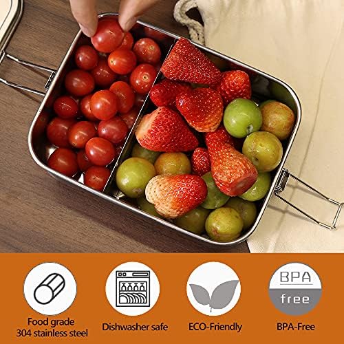 nicelock Stainless Steel Lunch Box, 2 Tier (760ml+1200ml) Large Metal Bento Box Leak-Proof Sandwich Salad Food Storage Container with Adjustable Compartment, Folding Cutlery Set for Adult Women Men