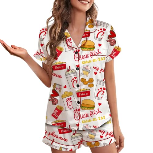 Chicken Nuggets Satin Pajamas Set for Women Y2k 2 Piece Short Sleeve Shirts Matching Pj Shorts Set Multi2