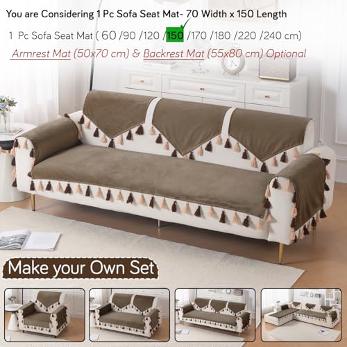 Image of HOKIPO Sofa Cover Mat with Tassel for 1 /2 /3 Seater & L Shape Sofa | DIY Sofa Cover Set | Dyed Holland Velvet | 'TasselTone Series' 70(W) x 150(L) cm |Coffee Brown (IN-1107-CF)