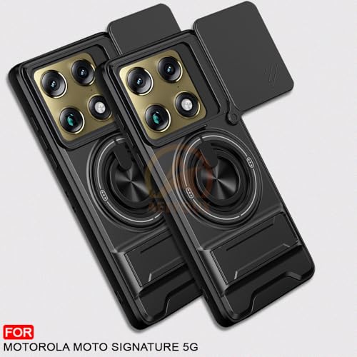 Image of Motorola Moto Signature 5G Back Cover | Armor Camera Slider 360 Degree Rotating Finger Ring Holder Case with Bracket Stand Back Case Cover (Compatible with MagSafe Accessories) (Black)