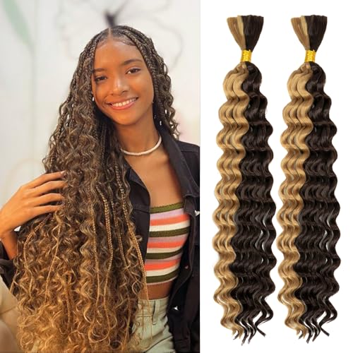 Boho Hair for Braiding 20 Inch 2 Bundles Deep Wave Bulk Braiding Hair for Boho Braids No Weft Curly Braid Wet and Wavy Braid Hair Extensions (#P4/27,75g/bundle)