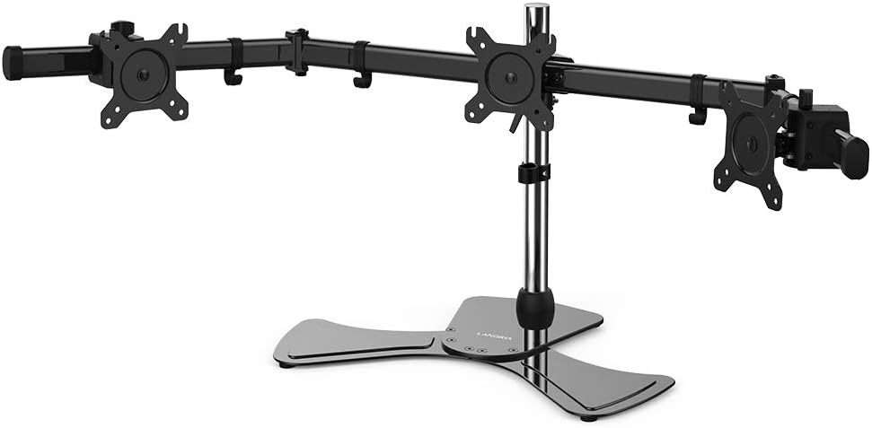 LANGRIA 3 Monitor Mount Arm Desk Freestanding Adjustable Height Stand Fits Monitor from 15'' to 27'', Cable Organizer and VESA Mount for Ergonomic Office Workstation or Gaming (Three Arms, Black)