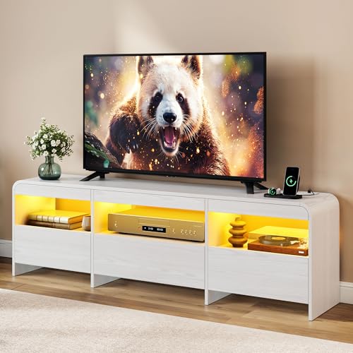 Homiflex TV Stand for 65, 70 Inch TVs, LED Entertainment Center with Drawers and Open Storage, TV Console w/Power Outlets, Modern Media Console, Curved Corner, for Living Room, Bedroom, White