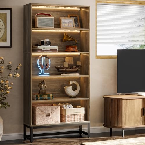 Image of Tribesigns Tall Bookcase Bookshelf, 70.8 inch Large Bookcases Organizer with LED Lights, Heavy Duty Free-Standing Library Bookshelf with 5-Tier Storage Shelves for Living Room, Bedroom (Gray)