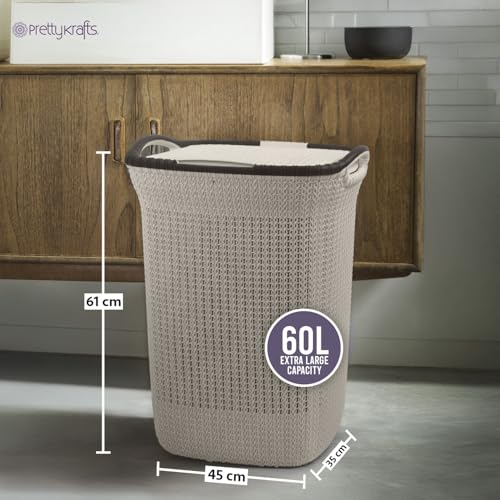 Image of PrettyKrafts 60 L Plastic Laundry Basket with Lid | Large Clothes & Toy Storage Bin 61x45x35 cm | Durable Ventilated Knit Design | Easy-Grip Handles | Ideal for Home & Kids Room Organiser
