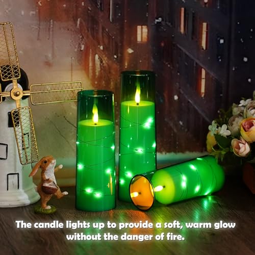 Image of kakoya Flameless LED Candles with Timer 5 Pc Flickering Flameless Candles for Romantic Ambiance and Home Decoration Stable Acrylic Shell,with Embedded Star String,Battery Operated Candles(Green)