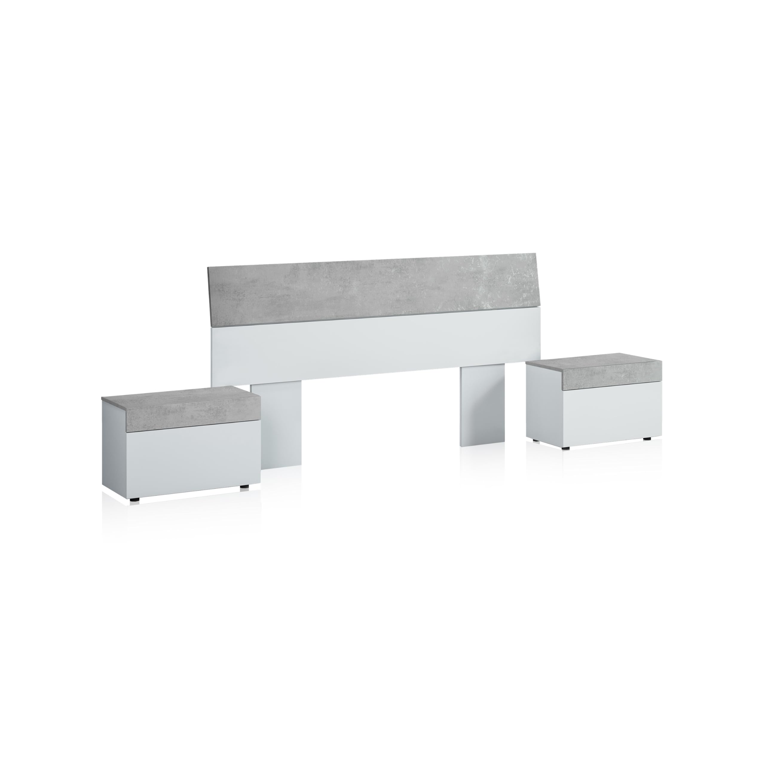 duehome | Cabecero con 2 mesitas, Dormitorio, Modelo Axel, Acabado en Blanco Artik y Gris Cemento, Medidas: 176 cm (Largo) x 96,5 cm (Alto)