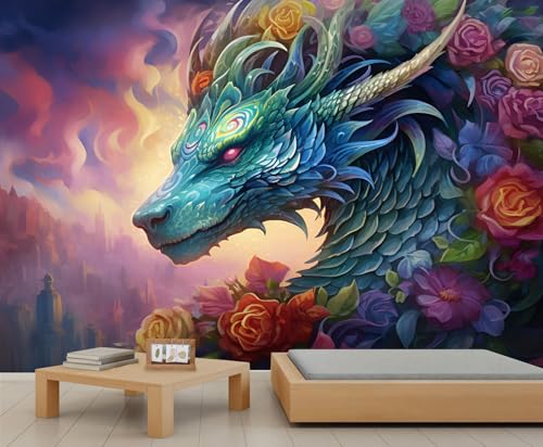 KIRESEI Epic Dragon Wall Mural, Flying Wyrm Art Decor Photo, Floral Drake Custom Wallpaper for Home Nursery Kitchen Sofa TV Backgrounds (Non-self-Adhesive)