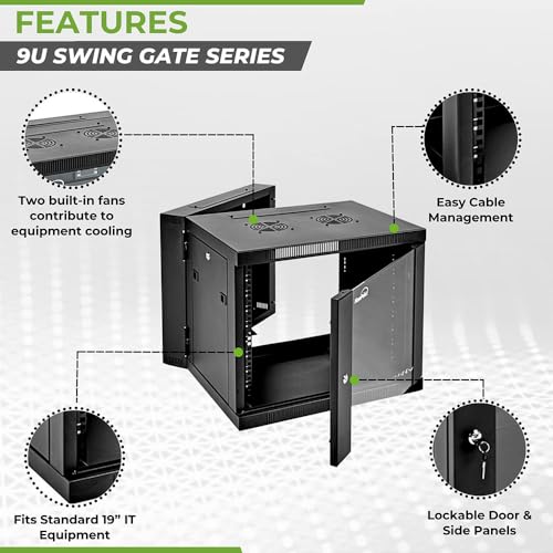 Image of NavePoint 9U Wall Mount Cabinet with Hinged Back - 21.6 inch Deep, Server Rack Enclosure with Locking Glass Door and Removable Side Panels, Network Cabinet with 2 Fans, Pre-Assembled