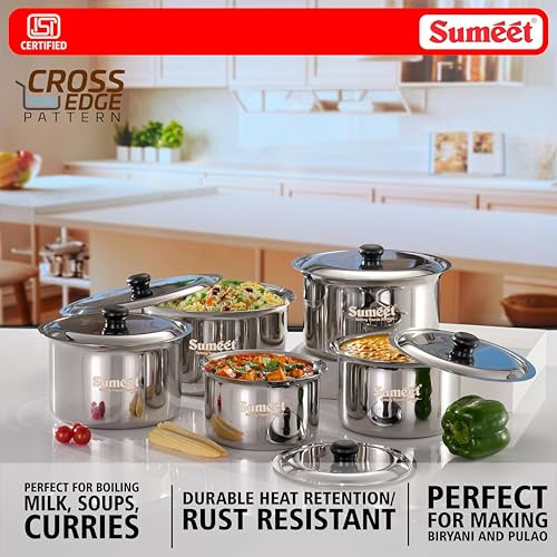 Image of Sumeet ISI Certified HeavyPly Premium Stainless Steel patila Set, 5 pcs with lids - 1150 ml, 1400 ml, 1900 ml, 2500 ml, 3000 ml, Induction & Gas Compatible, Durable bhagona /tope cookware for Kitchen