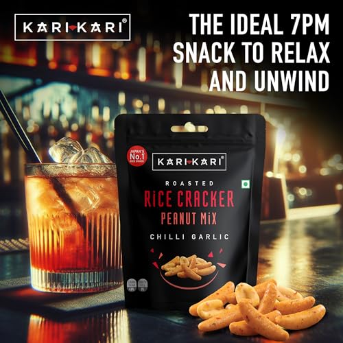 Image of Kari Kari Chilli Garlic Rice Cracker & Peanut Mix | Crunchy Japanese Snacks | Roasted, Non-Fried Healthy | 100% Vegetarian | Party (56g x Pack of 4)