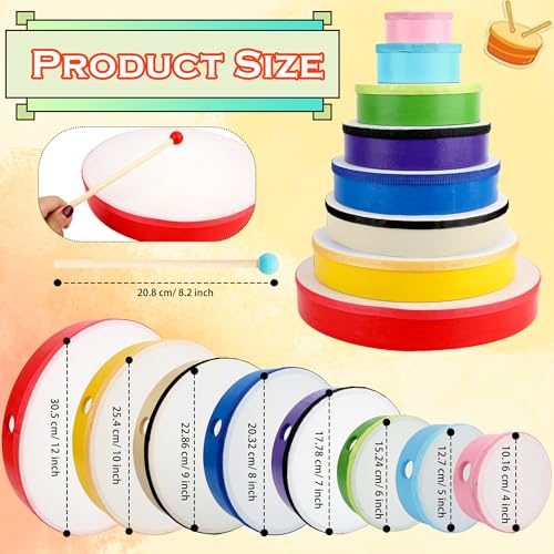 8 Pack Hand Drums Set 12 10 9 8 7 6 5 4 Inch Wooden Frame Drum with Drumsticks Percussion Instruments for Kids Adults School Party Beginners Gifts