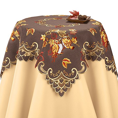 Collections Etc Embroidered Harvest Owls Table Linens, Fall Decor with Cutouts and Scalloped Edges, Square