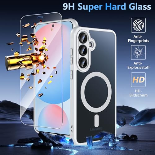 Image of OWKEY for Samsung Galaxy S24 FE Case 6.7'', Magnetic Galaxy S24 FE Case for Magsafe with Tempered Screen Protector [Shockproof Military] Translucent Matte Bumper Phone Cover Samsung S24 FE 5G, Gray