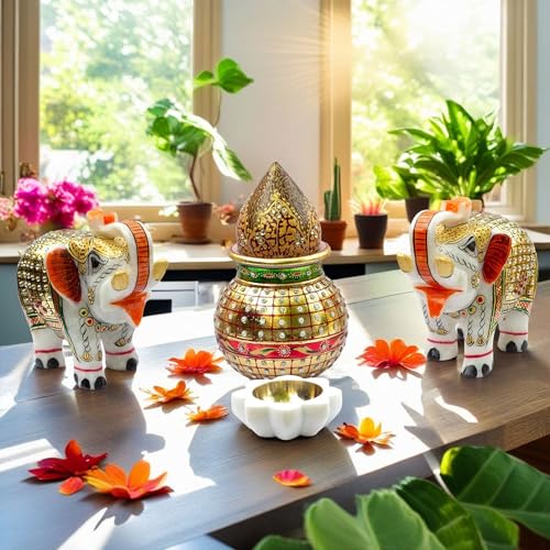 Premium Auspicious Marble Gift Box Set for Diwali, Weddings, Grihpravesh | Handcrafted Marble 2 Pcs Big Size 5" Elephants, Mangal Kalash, Shreephal, Diya (12x15 inch) — photo — 5 of 9