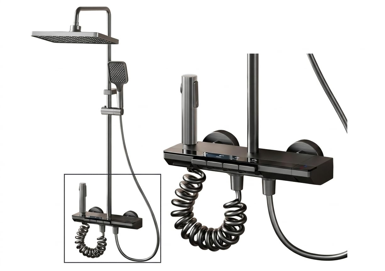 INEX EUROPA Columna Ducha Negro Gris Titanio con Cabezal Cuadrado - Columna de Ducha 4 Modos y Altura Ajustable – Cabezal, Chorro, Grifo y Alcachofa de Ducha – 10 Años de Garantía