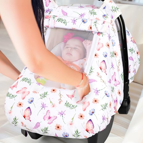 Image of Pea Pod Car Seat Cover Baby, Infant Car Seat Canopy Covers with 2 Layers Windows of Breathable Mesh Fabric, Lightweight Polyester, Soft Minky Dot Backing (Butterfly Pattern)