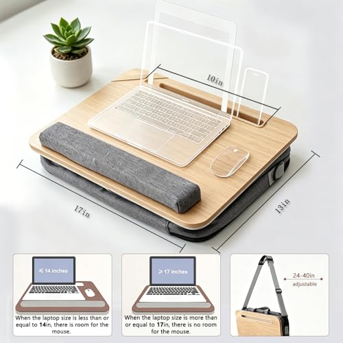 Image of Portable Lap Desk 14-17 Inch Laptops, Storage Bag | Light wood-toned finish, padded cushion, straps & storage for home car travel