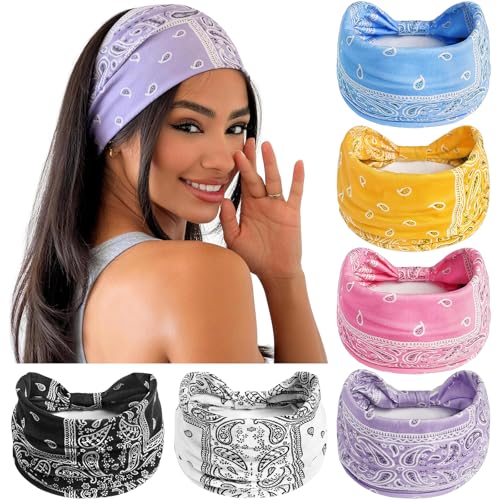 Image of Awumbuk Wide Headbands for Women Knotted No Slip Head Bands Soft Turban Headband Hair Accessories Boho African Solid Color Head Wraps for Women Yoga Workout (Purple Boho Paisleys)
