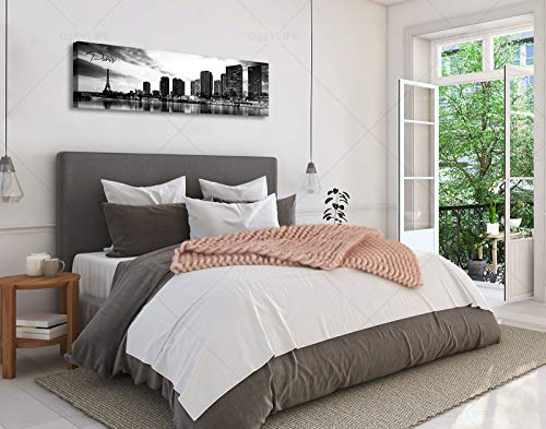 Image of DJSYLIFE Paris Eiffel Tower Skyline Wall Art Black and White Modern City Night View Panoramic Cityscape Picture Paintings Canvas Prints Office Room Home Decoration Artwork Framed 13.8 inchX47.3 inch