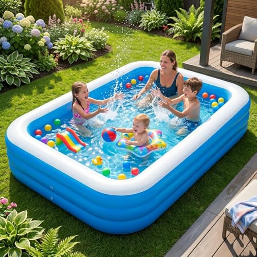 Image of EYUVAA LABEL Rectangular Inflatable Pool for Kids & Toddlers Extra-Large 8.5 Feet 3 Air Chamber Pool Backyard Water Play Summer Fun Durable Child-Safe PVC Quick Inflate & Portable Outdoor Pool
