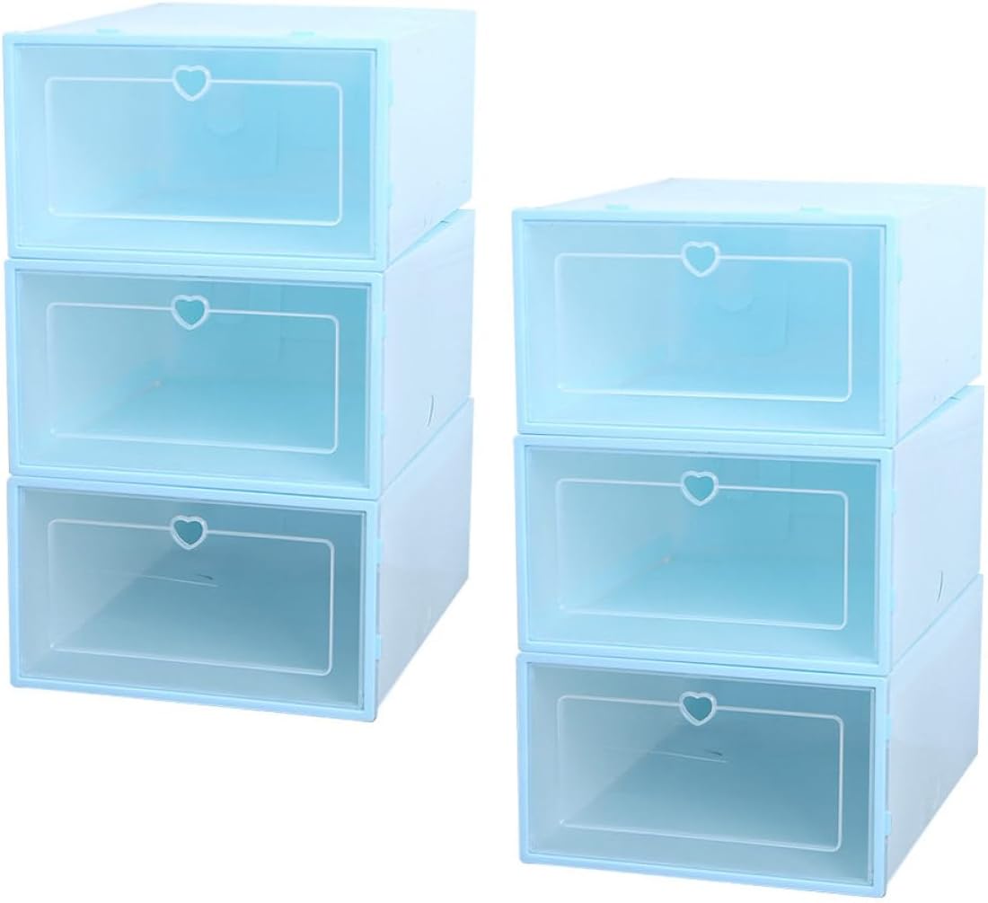 6pcs Plastic Drawer Shoe Storage Boxes for Women 31x21.5x12.5cm, Large Capacity Creative Shoes Organizer in Blue Heart Design for Closet and Entryway