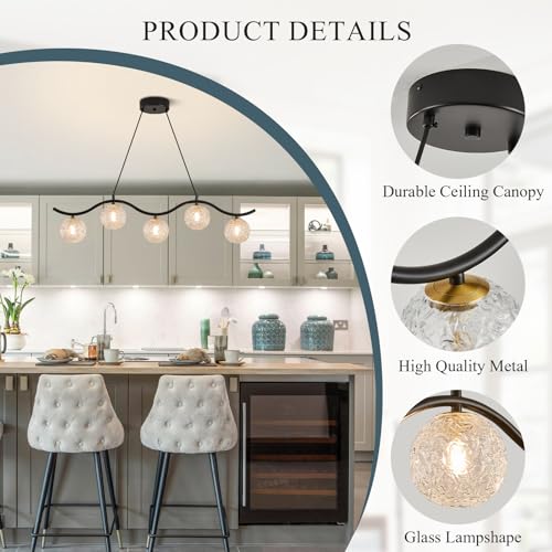 Image of Modern Linear Globe Chandelier Black 5-Lights Dining Room Chandeliers Over Table Mid Century Linear Chandelier Adjustable Height Clear Glass Globe Pendant Light for Farmhouse Kitchen Island