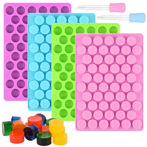 Image of Sakolla Round Candy Molds Silicone, 220 Cavities Mini Cylinder Molds for Chocolate, Hard Candy, Gummy, Ganache, Ice Cubes, Set of 4 with 2 Droppers