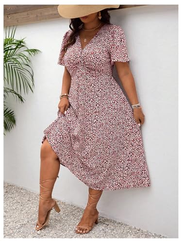Image of Floerns Women's Plus Size Twist Front V Neck Midi Dress Short Sleeve A Line Dresses